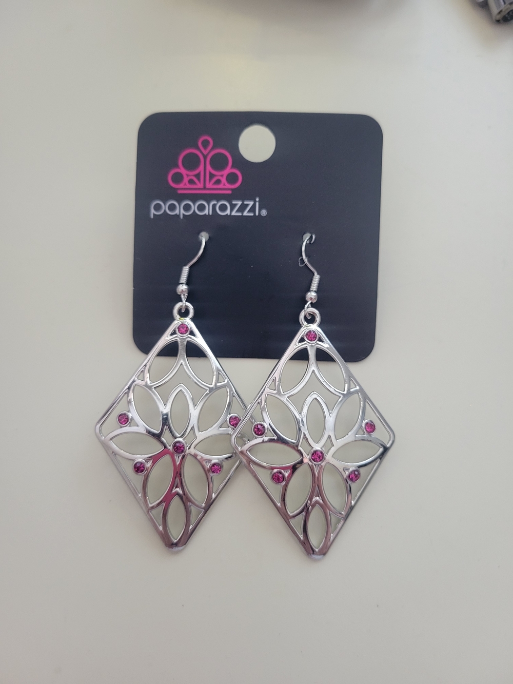 Paparazzi Silver-tone Openwork Diamond Drop Earrings with Pink Stones